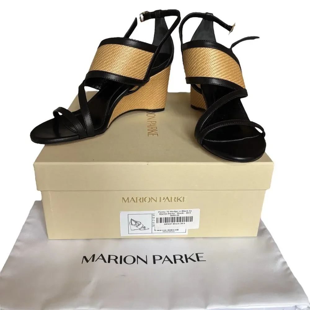 New With Box MARION PARKE Penny 70 Wedge Sandal 39.5‎ / US 9.5 Black Leather